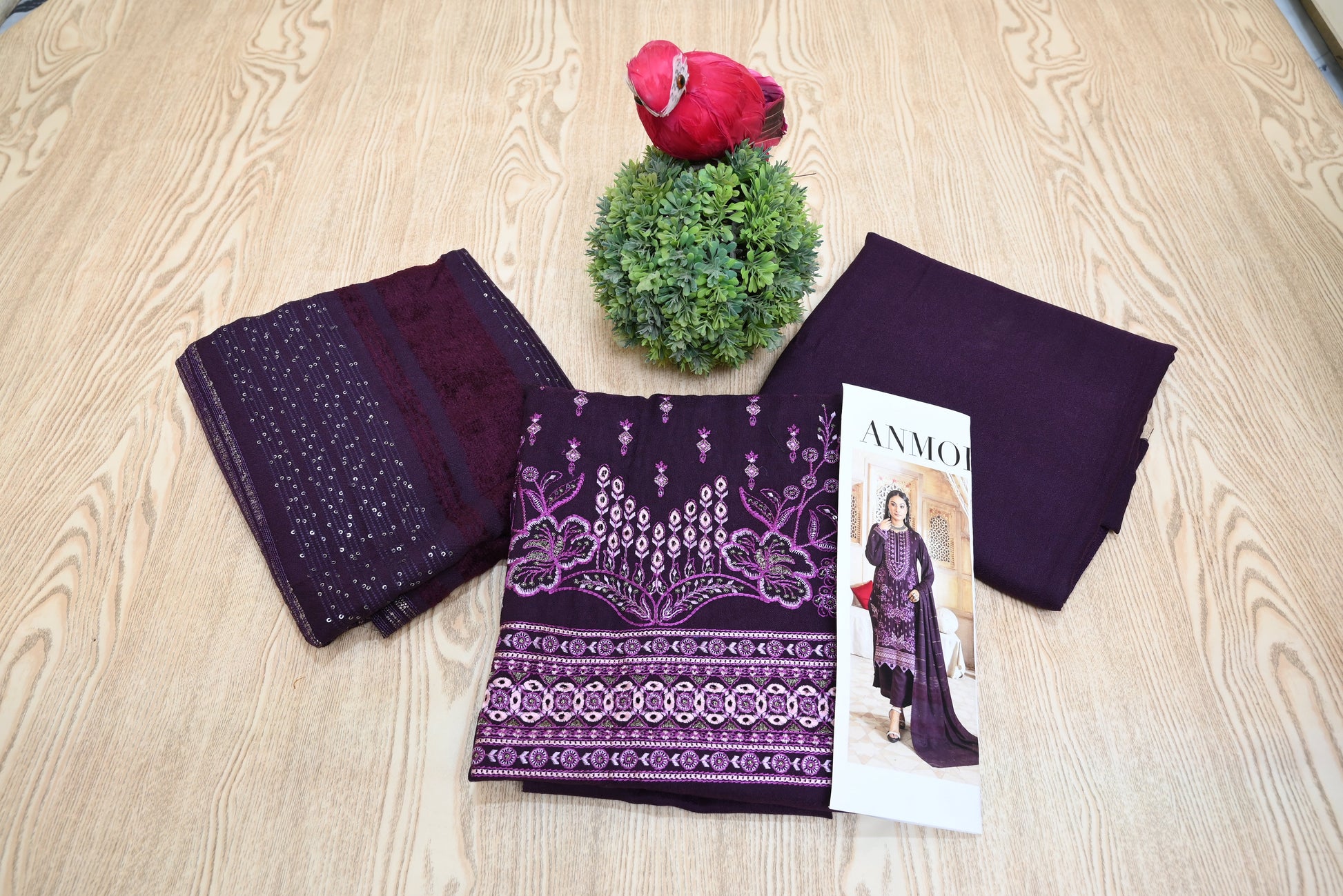 5508- 3-Piece Unstitched Peach Wool Suit – Embroidered Shirt, Velvet Dupatta & Plain Trouser