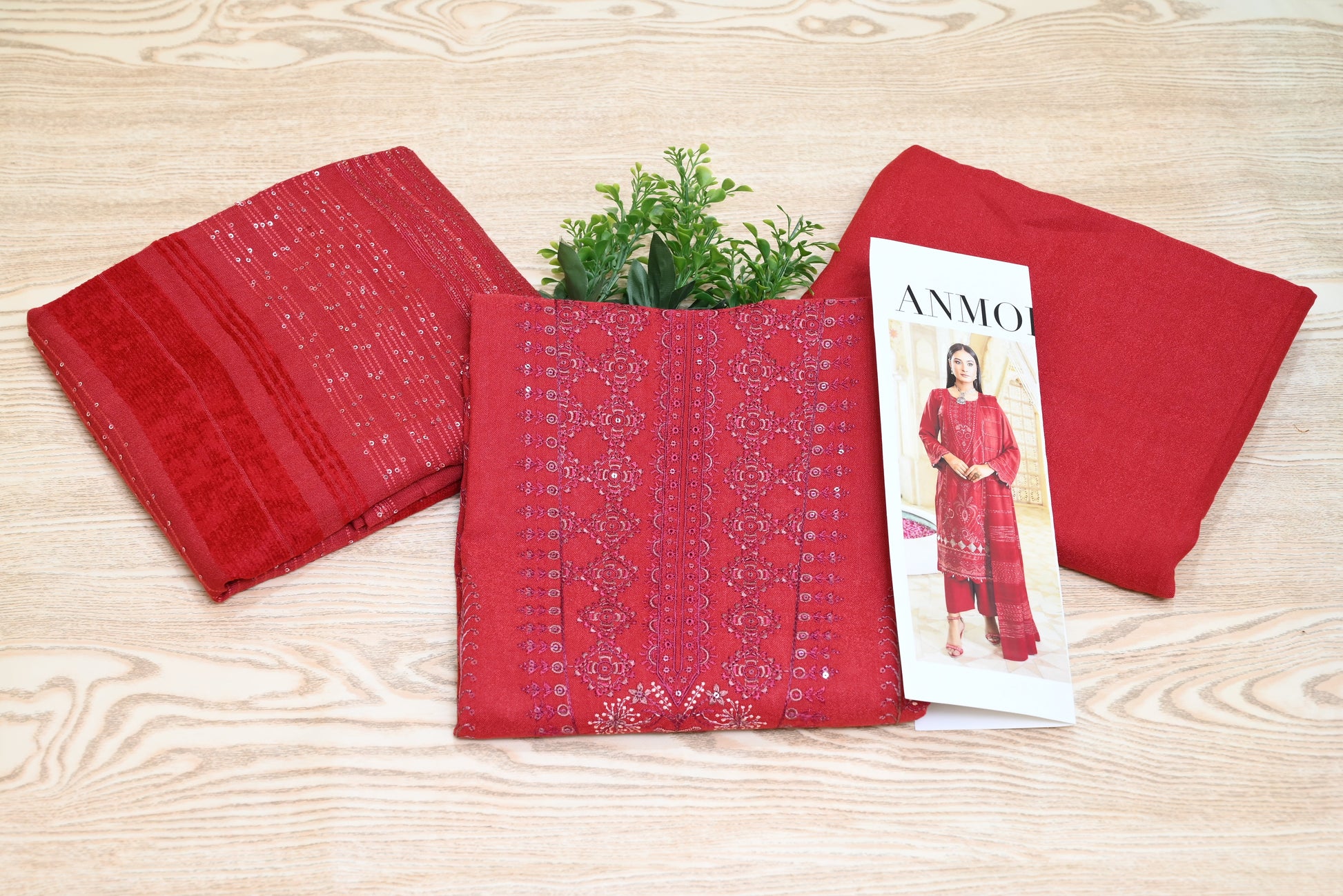 5508- 3-Piece Unstitched Peach Wool Suit – Embroidered Shirt, Velvet Dupatta & Plain Trouser