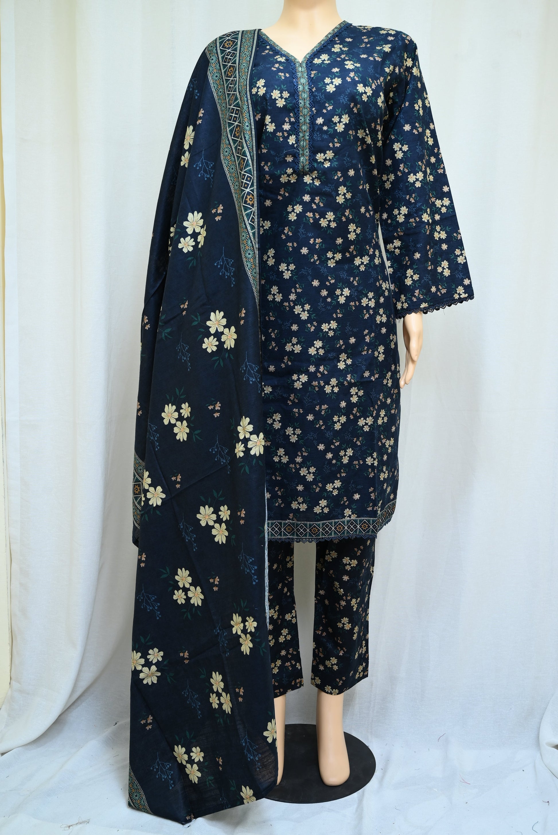 5051-Women's 3-Piece Winter Suit – Printed Khaddar Shirt, Trouser & Dupatta | Round Neck, Long Length