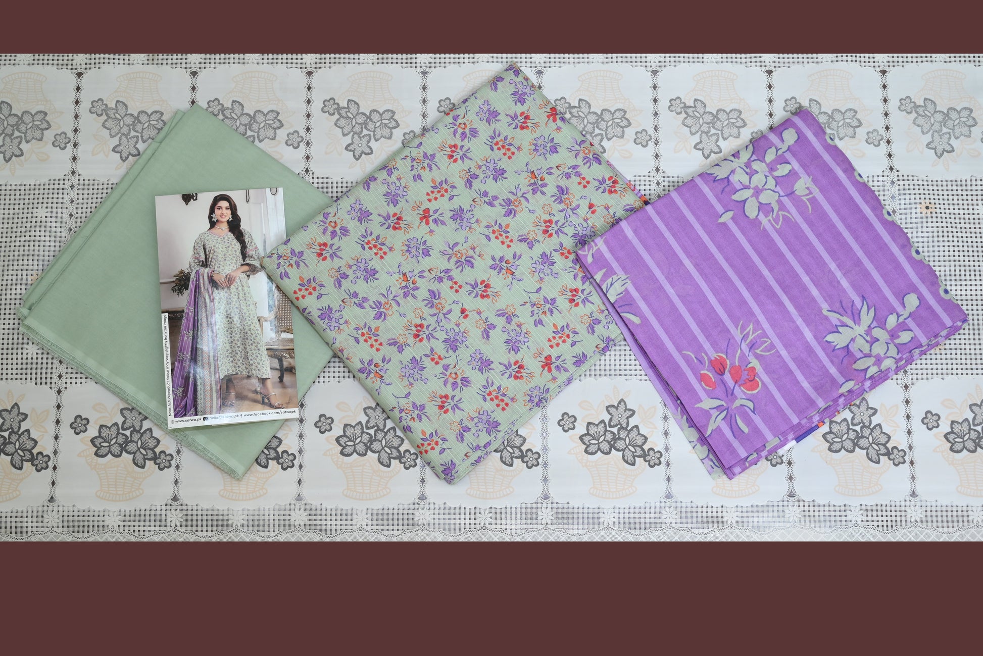 5501- 3-Piece Unstitched Printed Cambric Suit – Shirt, Premium Dupatta & Plain Trouser