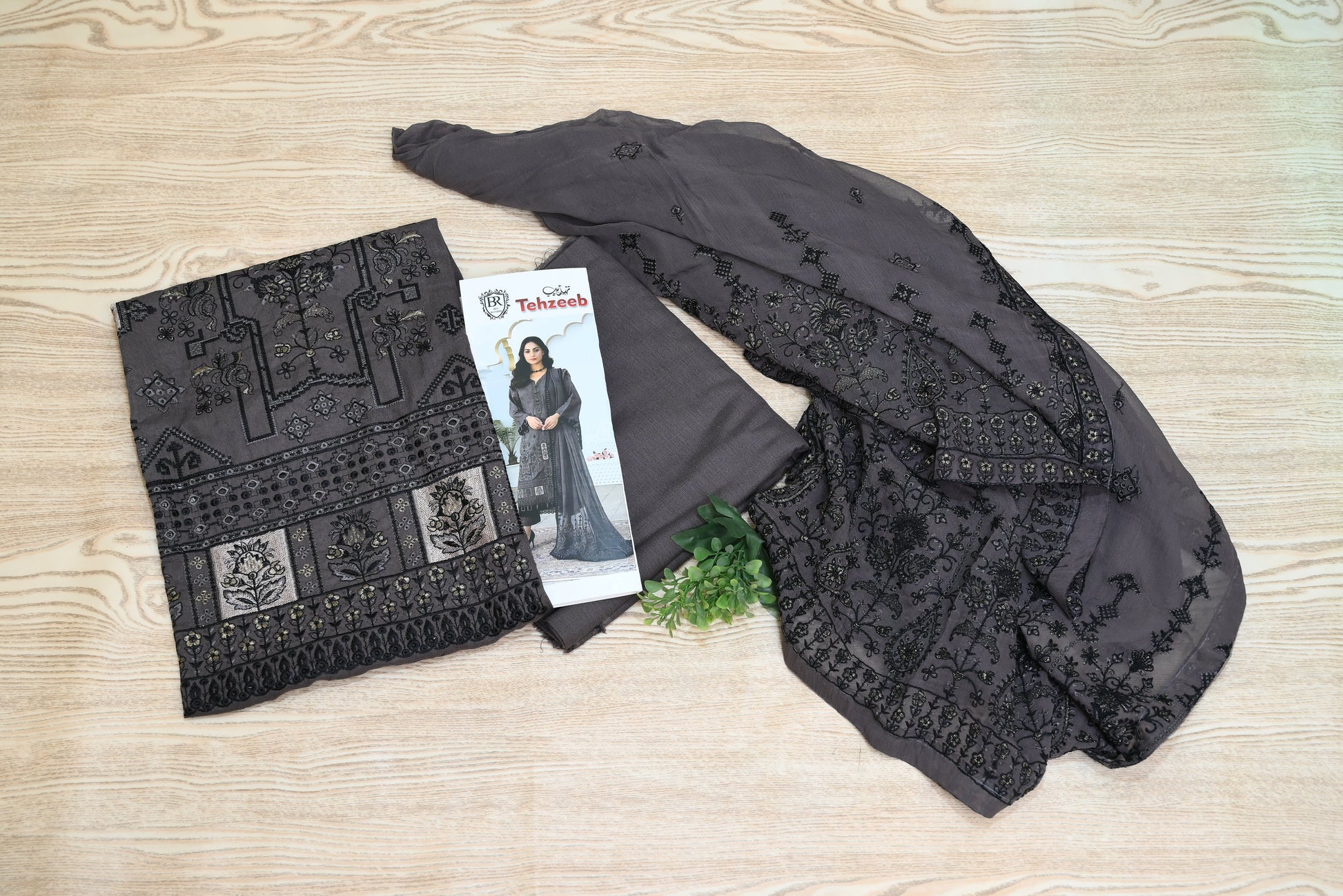 5505-T. 3-Piece Unstitched Premium Signature Karandi Suit – Embroidered Shirt, Heavy Embroidered Chiffon Dupatta & Trouser