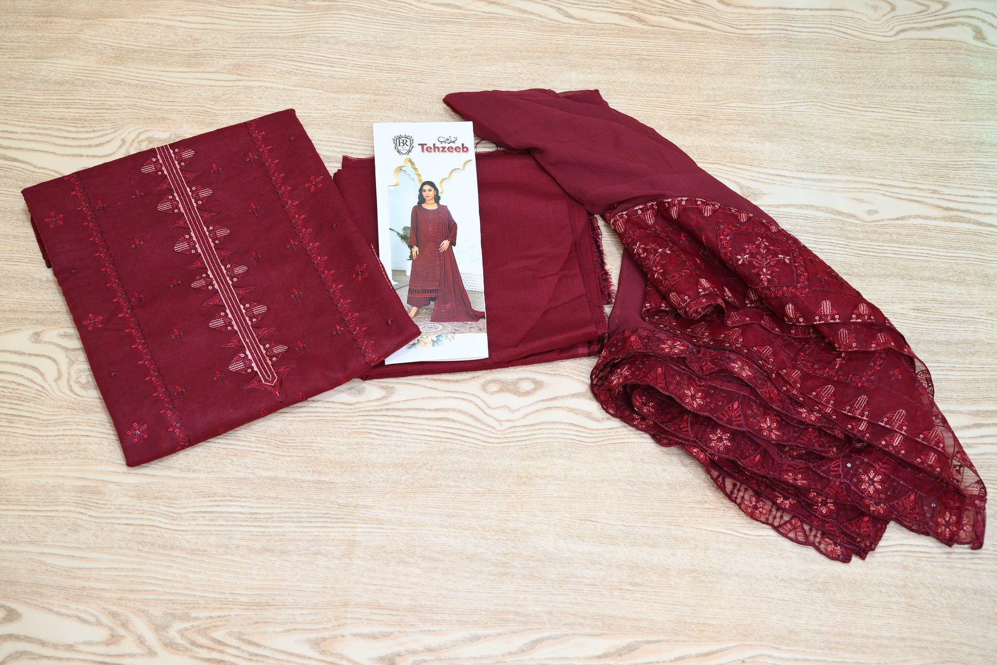 5505-T. 3-Piece Unstitched Premium Signature Karandi Suit – Embroidered Shirt, Heavy Embroidered Chiffon Dupatta & Trouser