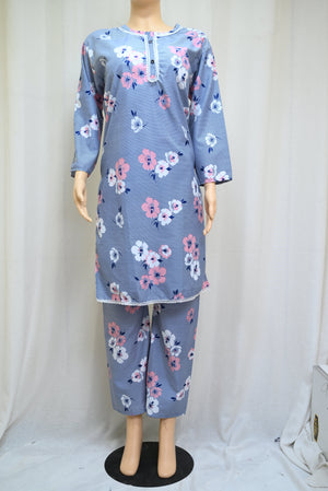1028-Women’s Cotton Printed 2-Piece Set – Long Sleeve Shirt & Printed Trouser