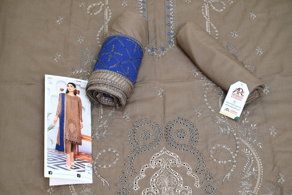 5502- 3-Piece Unstitched Air Jet Wool Suit – Embroidered Shirt, Fancy Dupatta & Plain Trouser