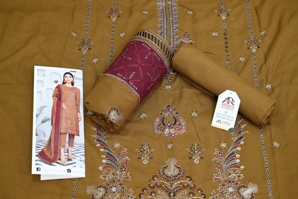 5502- 3-Piece Unstitched Air Jet Wool Suit – Embroidered Shirt, Fancy Dupatta & Plain Trouser