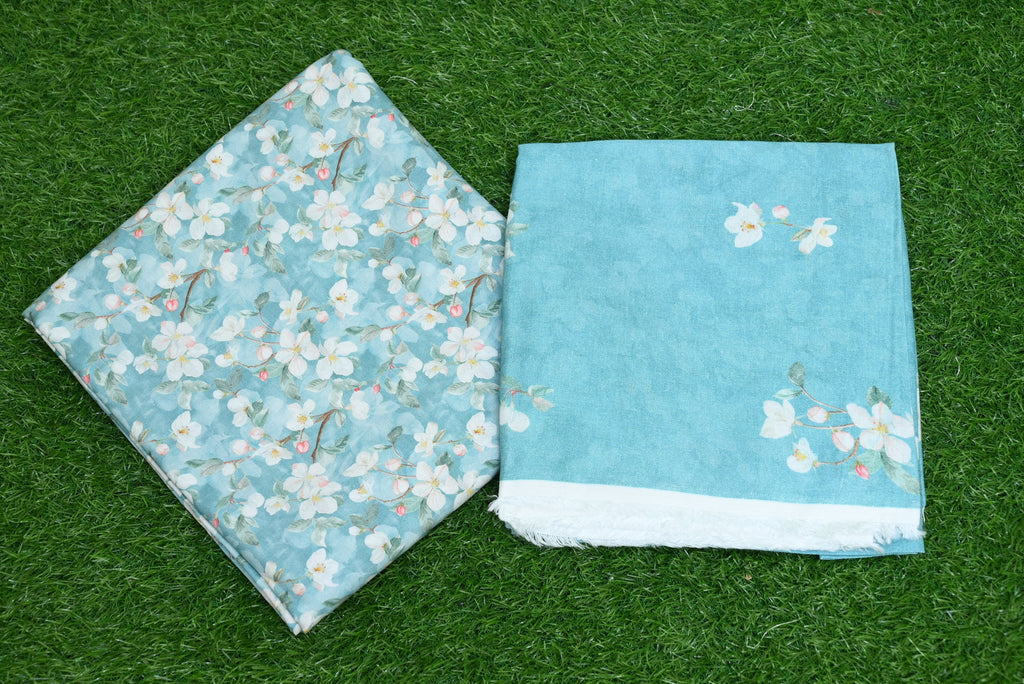 5509-Unstitched 3-Piece Premium Model Suit – Printed Shirt, Shawl & Trouser Set