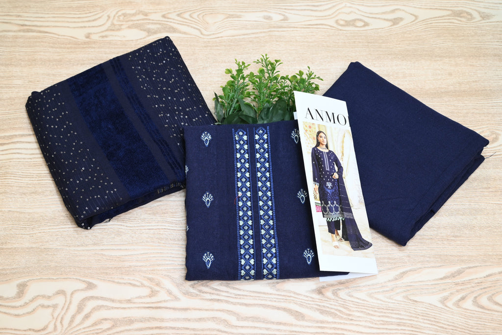 5508- 3-Piece Unstitched Peach Wool Suit – Embroidered Shirt, Velvet Dupatta & Plain Trouser