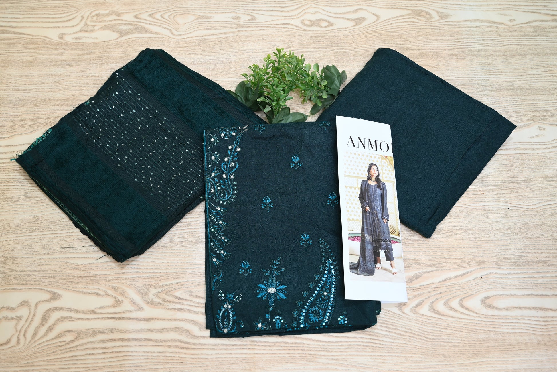 5508- 3-Piece Unstitched Peach Wool Suit – Embroidered Shirt, Velvet Dupatta & Plain Trouser