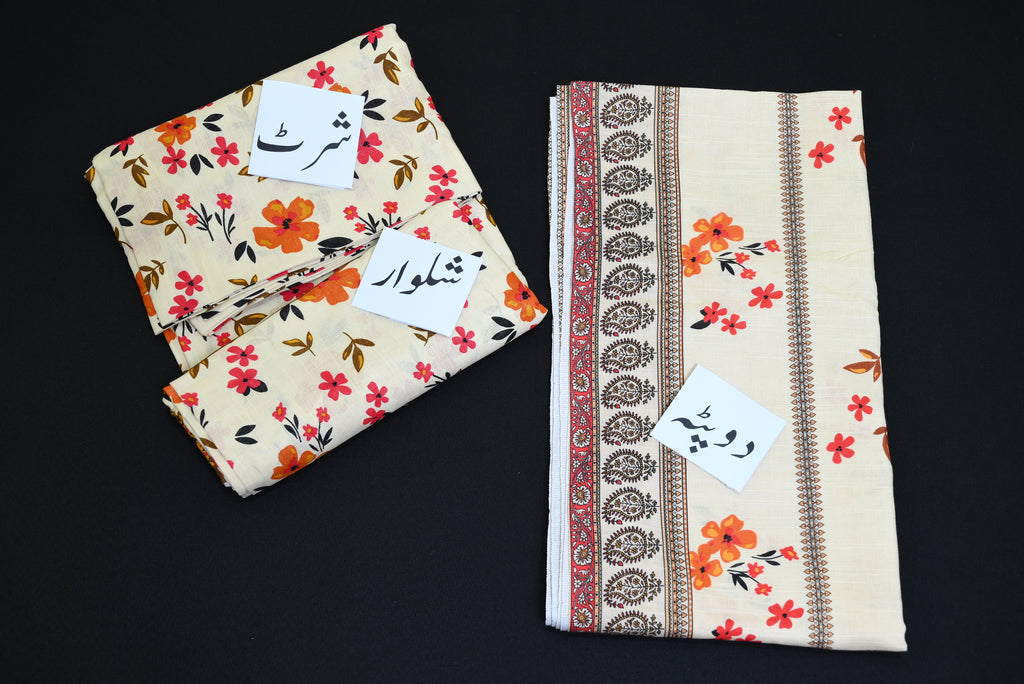 5518-Elegant 3-Piece Unstitched Khaddar Ensemble – Artfully Printed Shirt, Luxe Dyed Trouser & Statement Dupatta