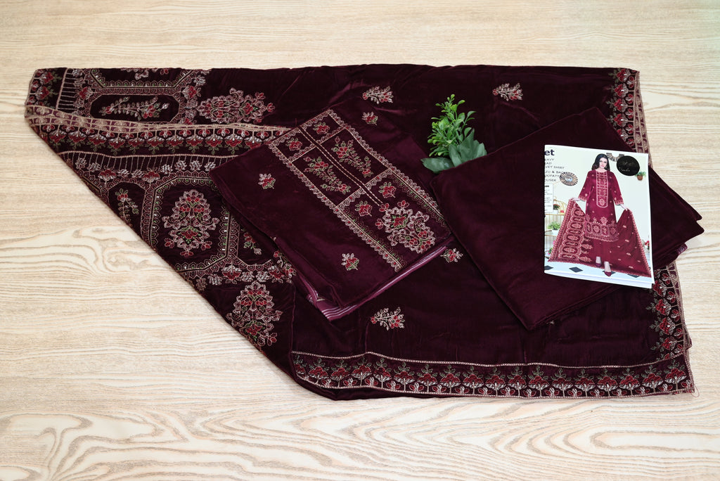 5503-3-Piece Unstitched Micro Velvet Suit – Heavy Embroidered Shirt, Dupatta & Trouser