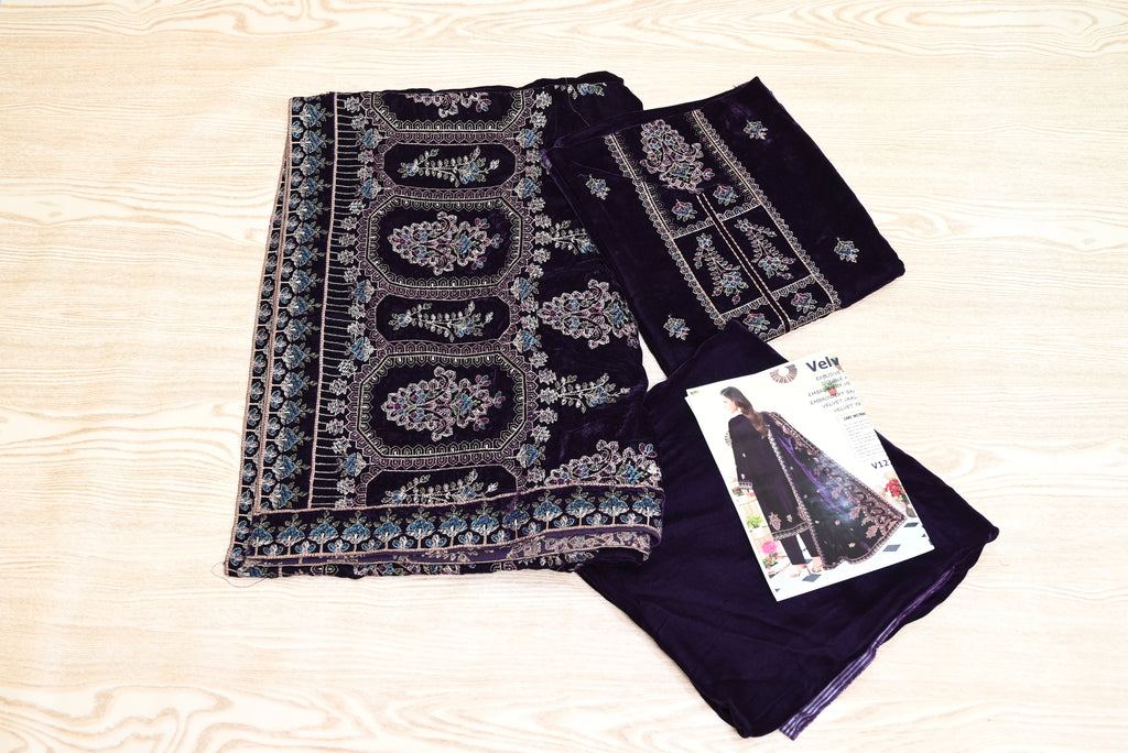 5503-3-Piece Unstitched Micro Velvet Suit – Heavy Embroidered Shirt, Dupatta & Trouser