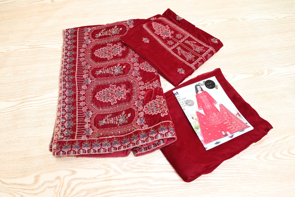 5503-3-Piece Unstitched Micro Velvet Suit – Heavy Embroidered Shirt, Dupatta & Trouser