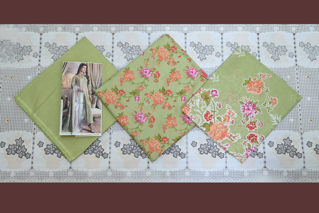 5501- 3-Piece Unstitched Printed Cambric Suit – Shirt, Premium Dupatta & Plain Trouser