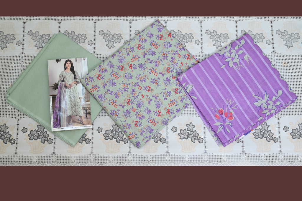 5501- 3-Piece Unstitched Printed Cambric Suit – Shirt, Premium Dupatta & Plain Trouser