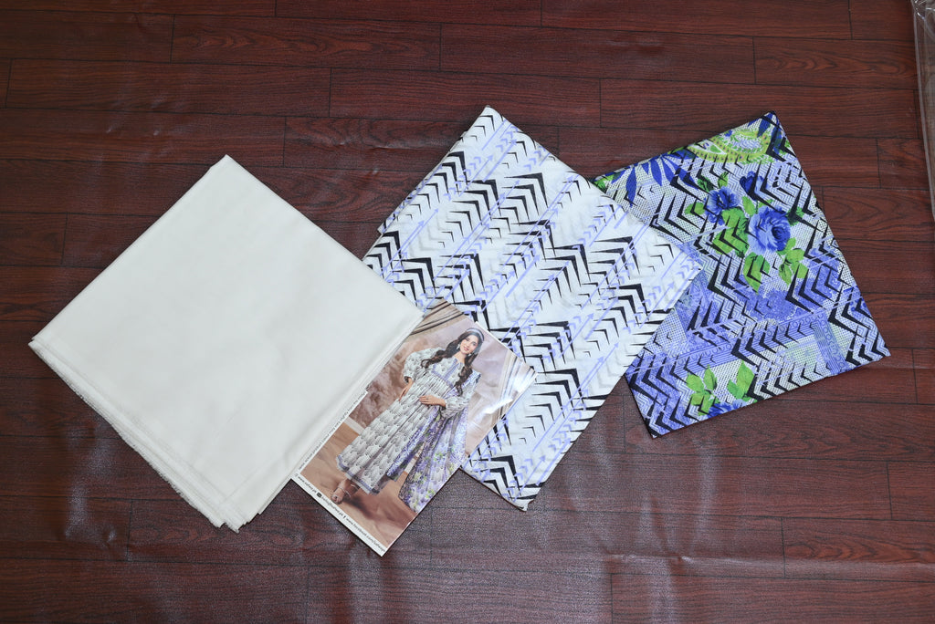 5501- 3-Piece Unstitched Printed Cambric Suit – Shirt, Premium Dupatta & Plain Trouser