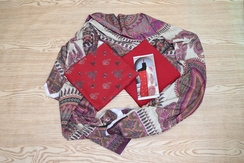 5510-3-Piece Unstitched Silk Touch Khaddar Suit – Printed Shirt, Wool Shawl & Trouser