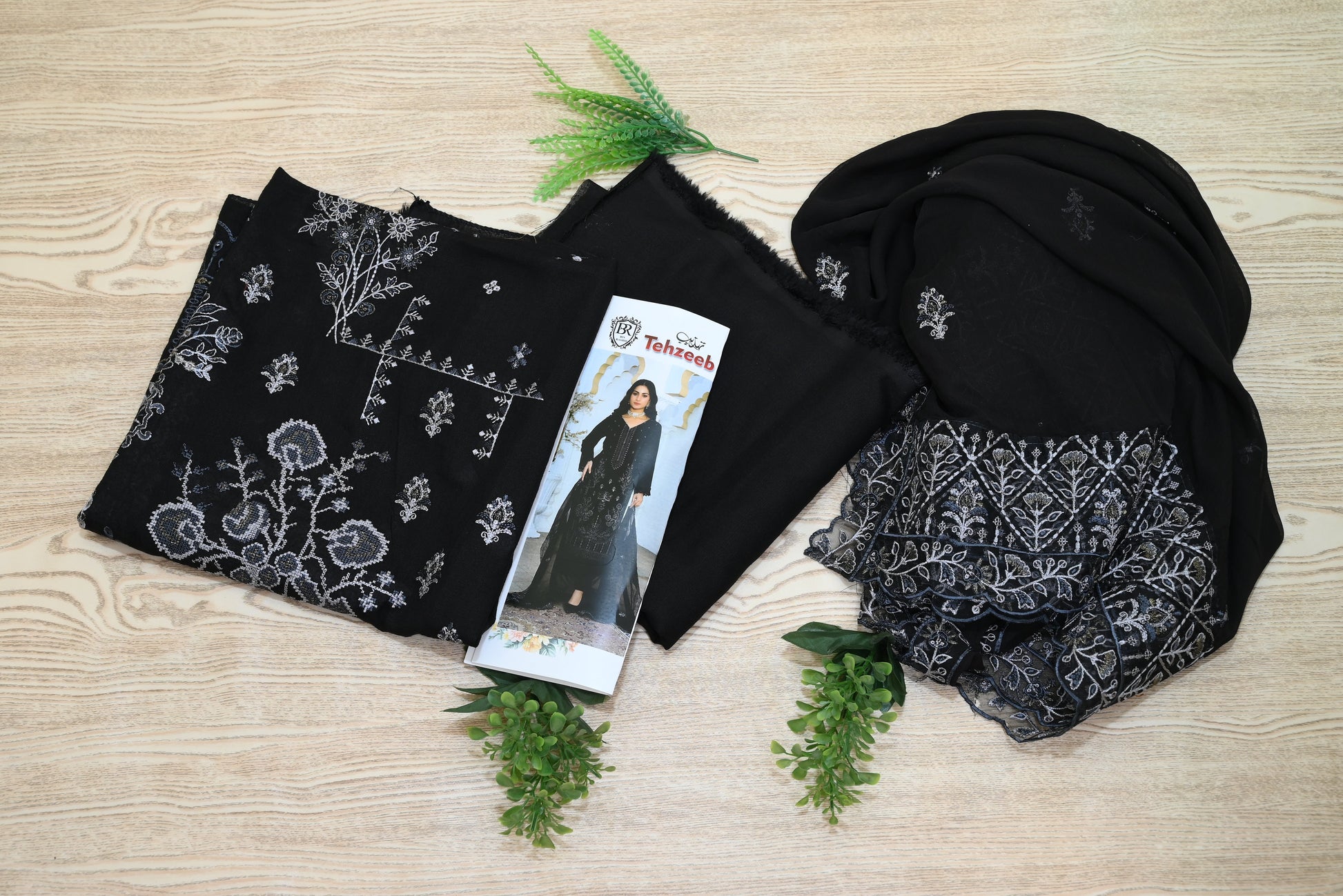 5505-T. 3-Piece Unstitched Premium Signature Karandi Suit – Embroidered Shirt, Heavy Embroidered Chiffon Dupatta & Trouser