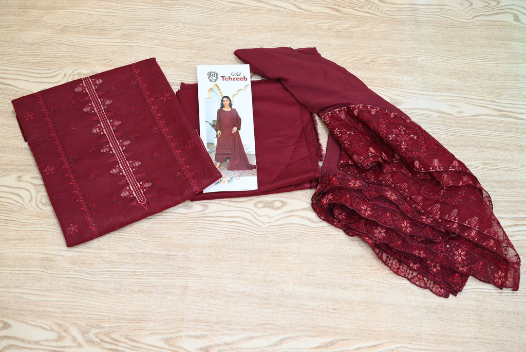 5505-T. 3-Piece Unstitched Premium Signature Karandi Suit – Embroidered Shirt, Heavy Embroidered Chiffon Dupatta & Trouser