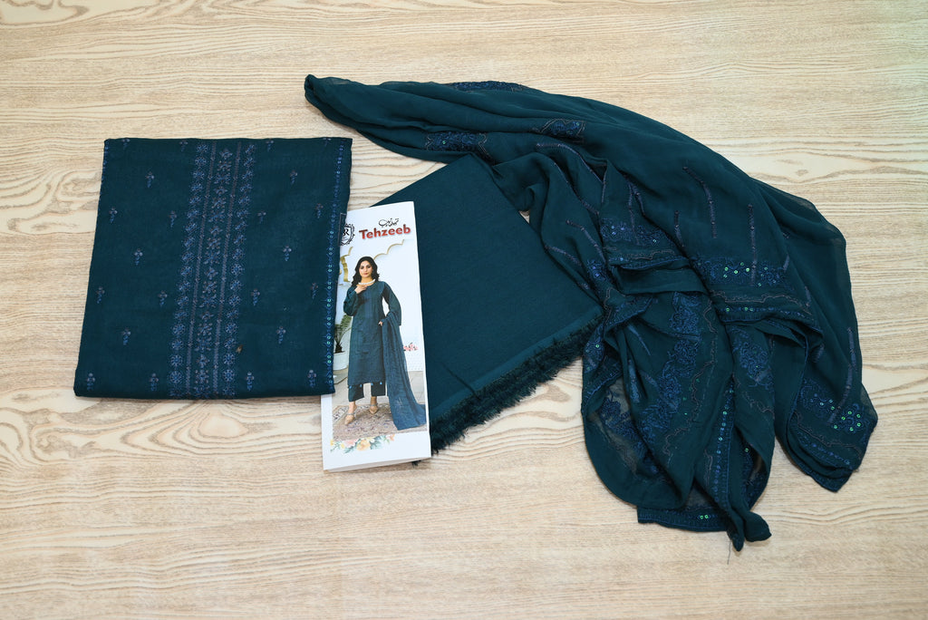 5505-T. 3-Piece Unstitched Premium Signature Karandi Suit – Embroidered Shirt, Heavy Embroidered Chiffon Dupatta & Trouser